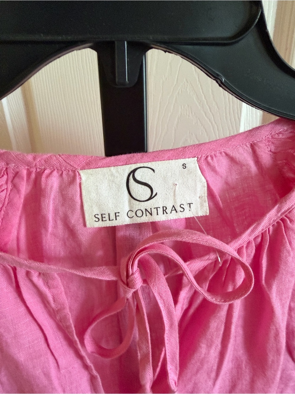 Self Contrast Linen Puff Sleeve Blouse with Tie Detail - Picture 4 of 8